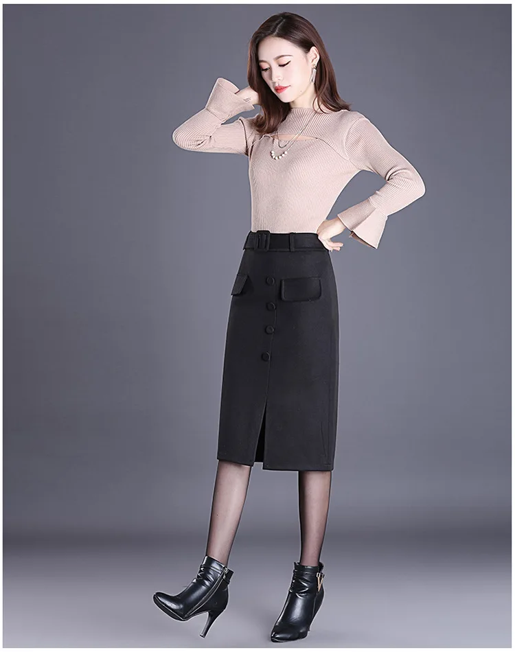 KoHuiJoo M-4XL Осень Зима шерстяные юбки для женщин для элегантный однобортный плюс размеры шерсть офисная юбка карандаш