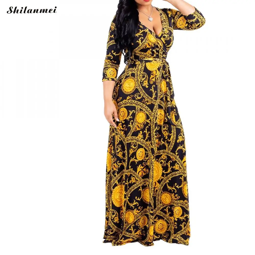 Boho Slim Plaid Long Dress Plus Size Elegant Summer Tie Bow V Neck Print Belted Casual Beach