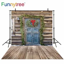 Funnytree backdrop christmas decorations for home outdoor wood blue door brown floor winter snow background cloths photography
