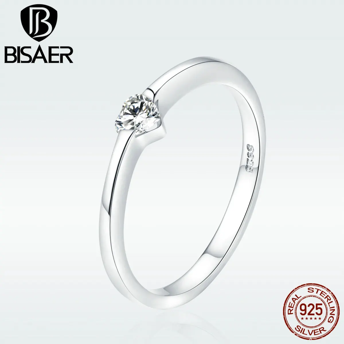 

BISAER Rings 925 Sterling Silver Minimalist Simple Heart Clear CZ Engagement Rings for Women Wedding Argent Alliance GXR450