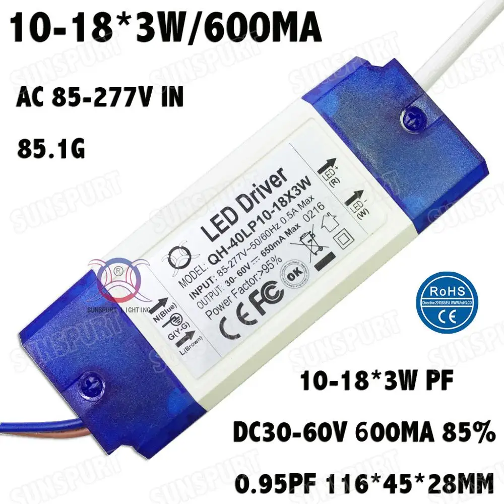 Внешнее 2-60W AC85-277V светодиодный драйвер 1-2x3W 2-4x3W 3-5x3W 6-10x3W 10-18x3W 18-30x3W 600mA DC2-105V постоянного тока с бесплатной доставкой