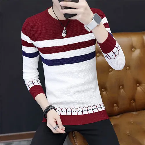 Smeiling Mens Long Sleeve O-Neck Stripe Knitted Slim Pullover Sweaters 