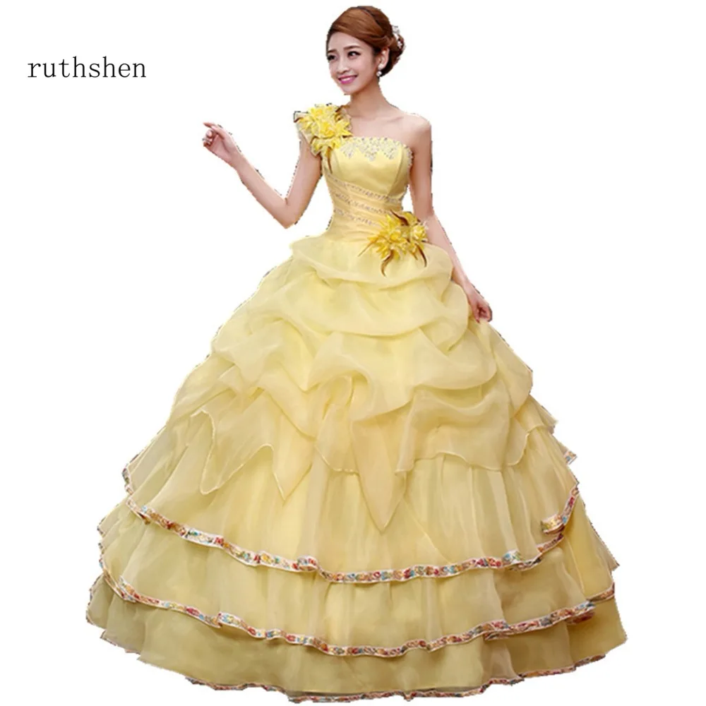 Жёлтое бальное платье ruthshen, бальные платья с перьями на одно плечо, платье для выпускного вечера с бисером, Vestidos De 15 Anos, 16