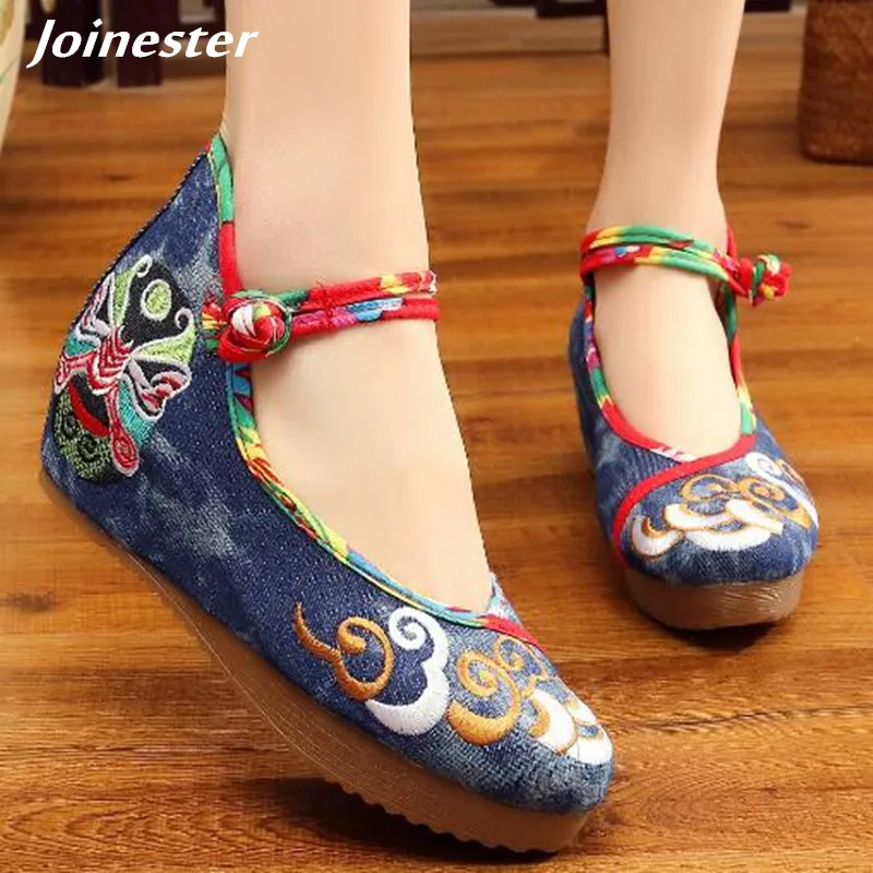 

Washed Denim High Heels Women Shoes Ladies Casual Shoes Mary Jane Strappy Espadrilles Ethnic Embroidery Women Platform Pumps