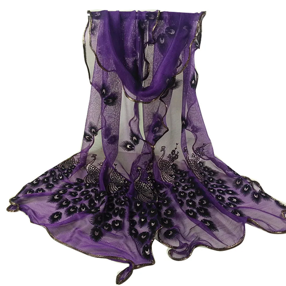 Женский шарф, женский кружевной шарф с вышитыми цветами павлина, длинная мягкая шаль, шаль Moda Mujer Bufandas Invierno#10 - Цвет: Purple