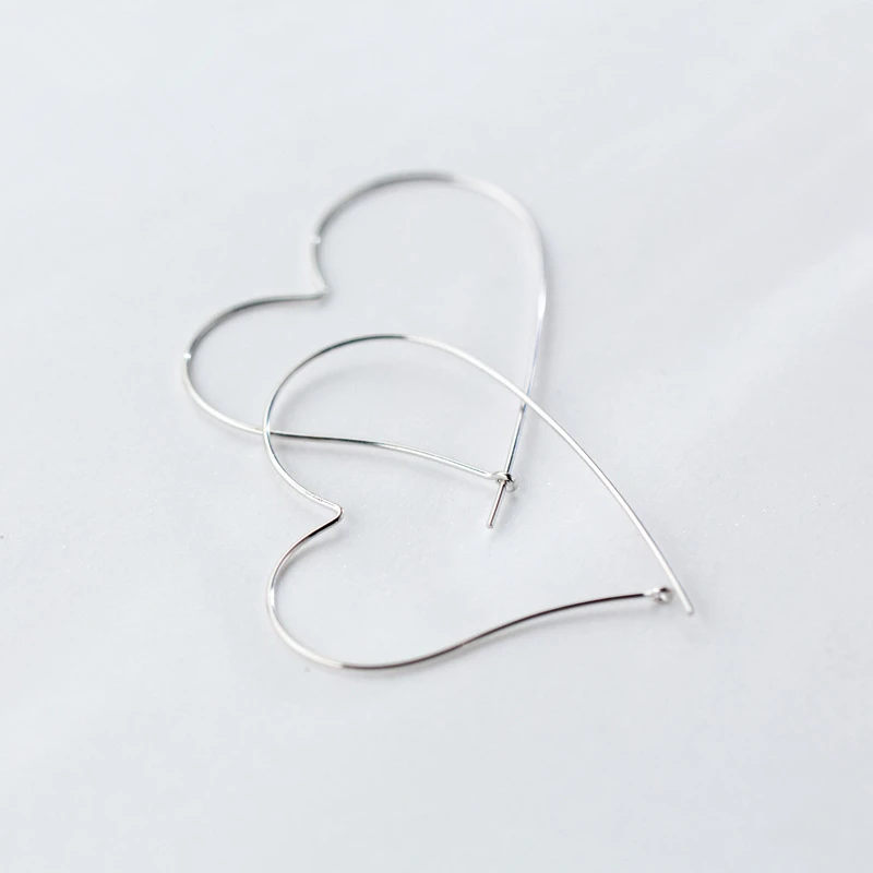 

100% Real 925 Sterling Silver Big Heart Shaped Hoops Earrings for Women Simple Female Ear Ring Earings Fashion Christmas Jewelry