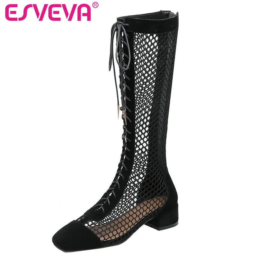

ESVEVA 2019 Summer Med Heels Women Knee-high Boots Square Heels Zip Round Toe Motorcycle Boots Woman Lace Up Shoes Size 34-39