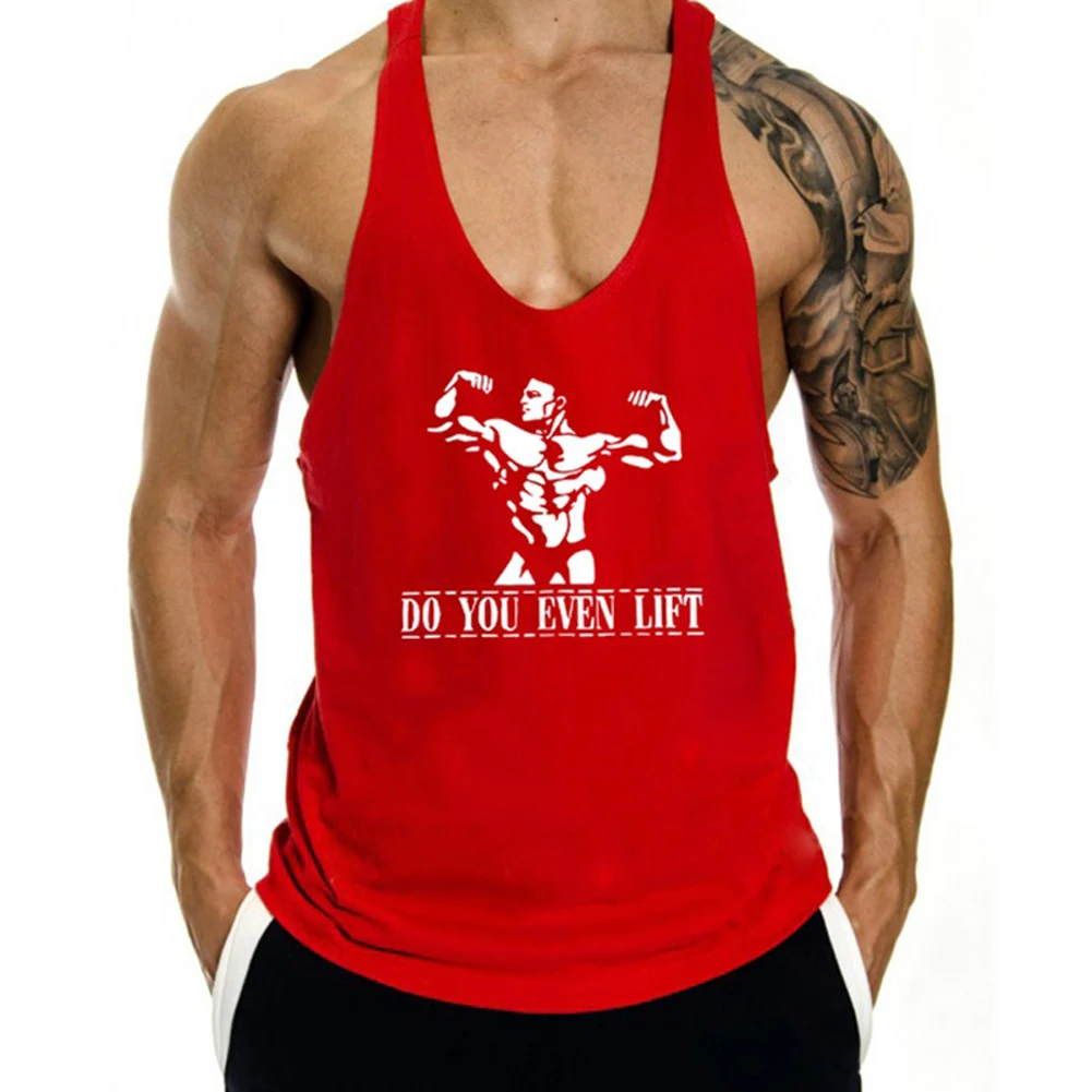 Men Plunging Round Neck Print Sports Tank Top