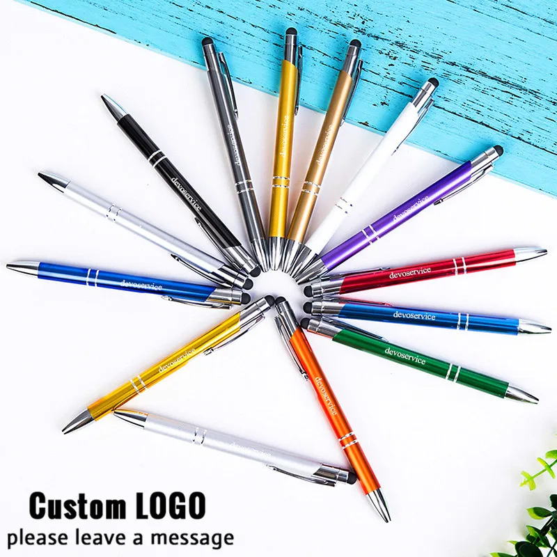 30pcs Free Custom Logo Metal Aluminum Rod Capacitor Touch Screen Handwriting Press Ballpoint Pens Advertising Gift Signature Pen
