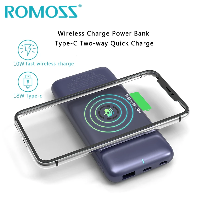 ROMOSS 10W cargador inalámbrico rápido banco de energía 10000mAh y 18W QC 30 carga rápida para iPho