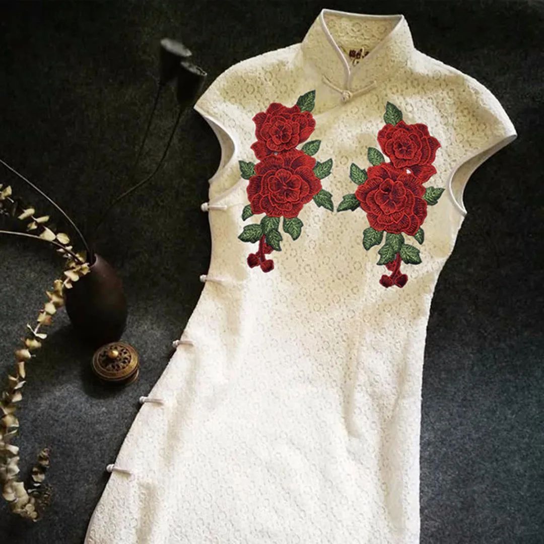 1 Pair 230*130mm New Red Rose Flower Embroidered Sew on Patch Clothes Jeans Fabric Sticker