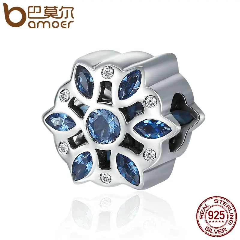 

BAMOER Real 925 Sterling Silver Glittering Snowflake Blue Clear CZ Beads fit Original Charm Bracelet DIY Fine jewelry SCC386