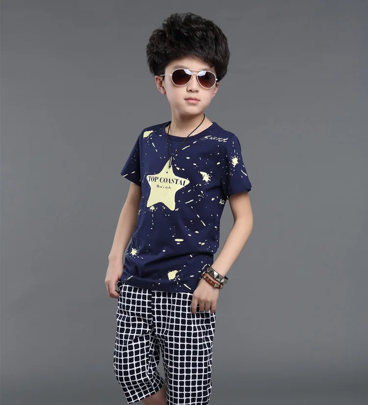 Летние комплекты одежды для мальчиков, хлопковая детская одежда, 2 предмета, футболка с короткими рукавами и принтом звезды+ штаны, костюмы для мальчиков 5-11 лет