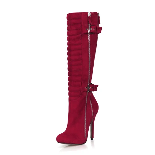 CHMILE CHAU Sexy Party Shoe Women Thin Stiletto High Heel Buckle Zipper Pleated Ladies Knee-High Boots Zapatos Mujer 0640CBT-Y5 - Цвет: Burgundy Suede