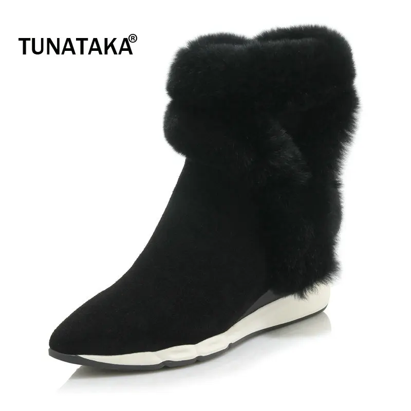 

Shoes Woman Suede Winter Warm Platform Wedges Fur Snow Boots Fashion Pointed Toe Side Zipper Dress Ankle Boots Black Khaki