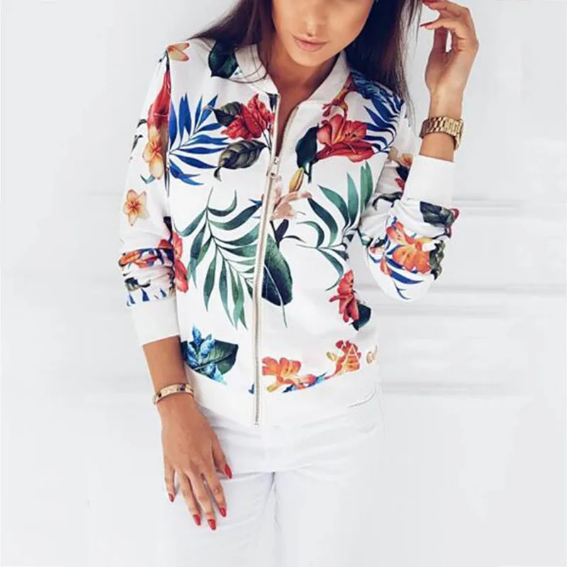 Women Jackets Flower Floral Print Retro Ladies Zipper Up Short Thin Slim Bomber Jacket Coats Fashion Basic Casual Outerwear