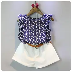 Nicoevaropa 2018 летняя модная одежда для девочек набор синий цветочный шифоновая футболка с Белые шорты и ELT