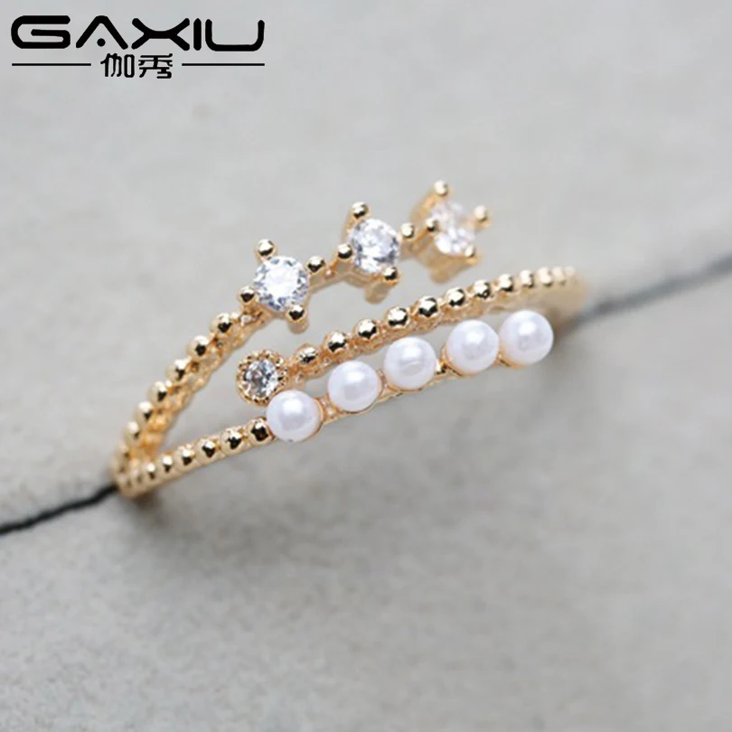 

Zircon Simulated Pearl Layers Open Rings For Women Rose Gold Silver Color Minimalist Ring Female Adjustable Wedding Jewelry 2019