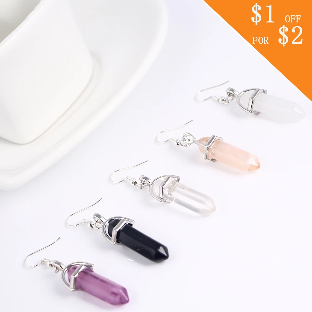 

2018 Women's Jewelry Earring Pendant Fashion Natural Crystal Double Pointed Six Prism Cluster Cluster Ores Pendientes Mujer Moda