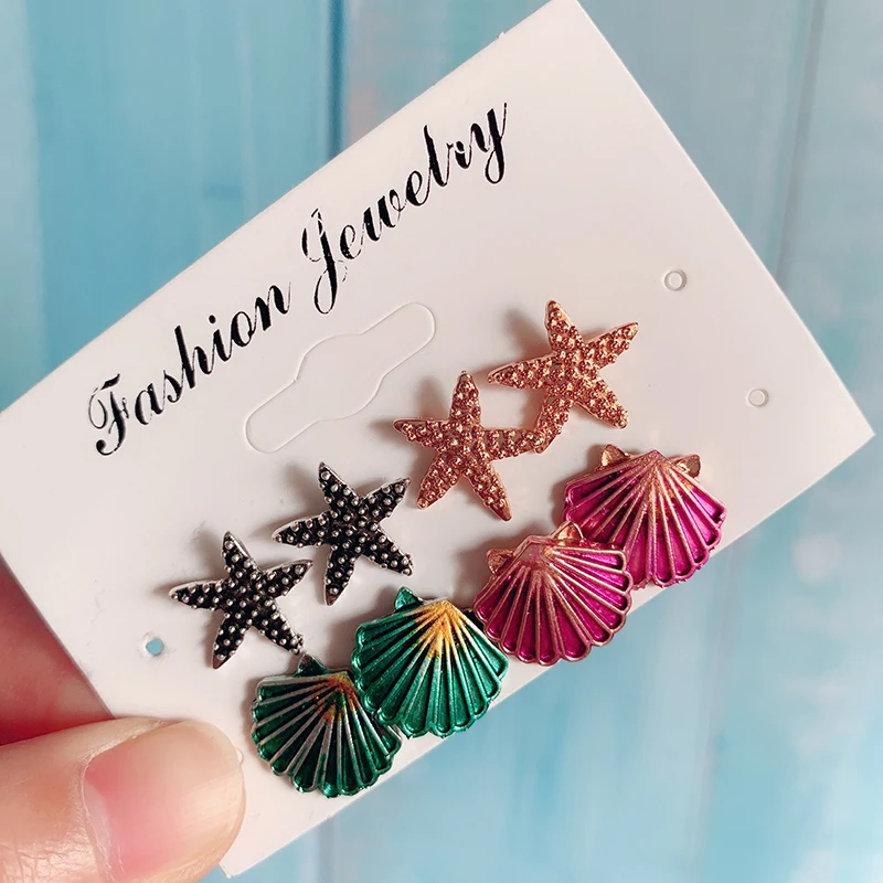 

4Pairs/Set Bohemian Starfish Shell Ear Studs Earrings Set for Women Vintage Antique Geometry Female Summer Beach Jewelry Gift