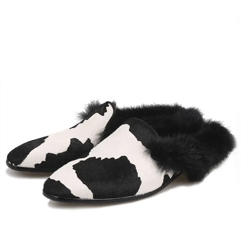 

2018 Winter Men's Fashion Horsehair Slippers With Back Fur Designs Casual Show Men's Dress Shoes Plus Size Male Smoking Slippers