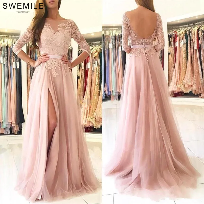 

SWEMILE Chic Pink Lace Long Evening Dress Sexy Open Back 3/4 Sleeve Evening Gowns with Side Slit Abendkleider Vestido de Festa