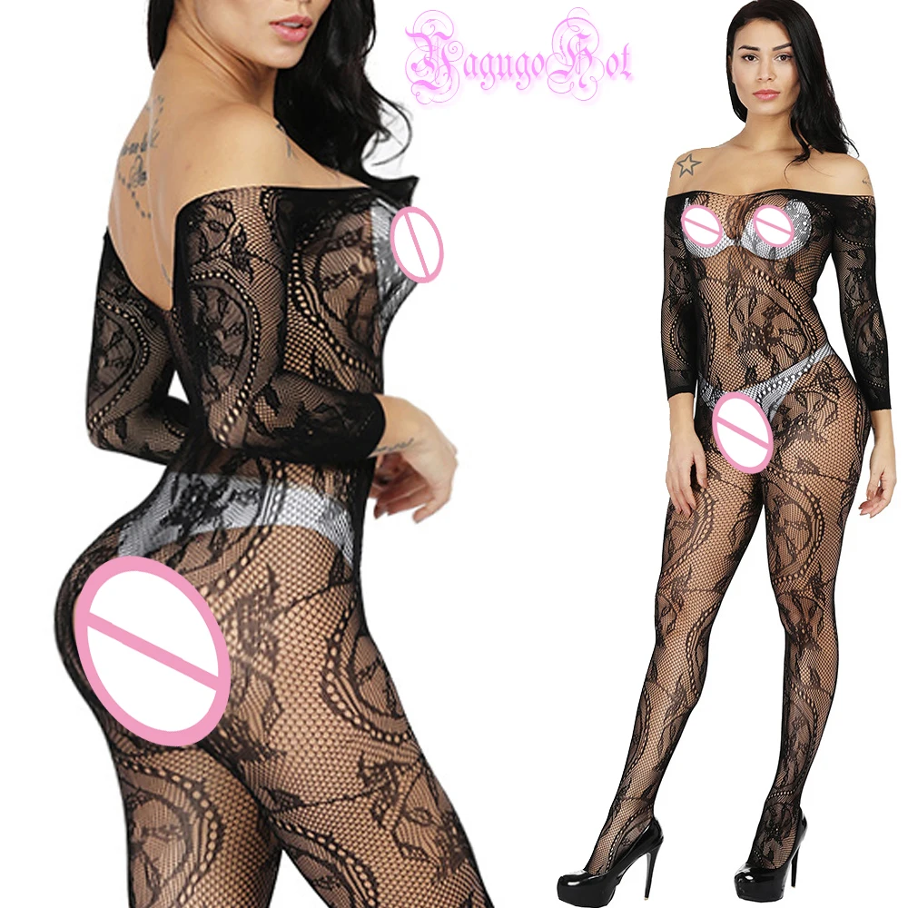 Sexy Fishnet Sheer Crotchless Swirly Lace Teddy Floral Long Sleeved Bodystocking Lingerie Intimates Babydoll Bodysuit Catsuit