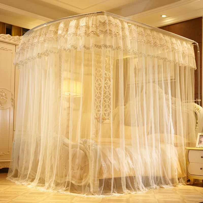 

Beige Purple Pink Luxury Palace Style Guide Rail Three Open Door Telescopic Lace Mosquito Net Stainless Steel Mosquito Frame