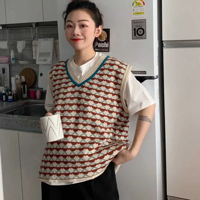 

Retro pullover V-neck double-sided jacquard sweater short knit sleeveless vest 2019 spring new loose top