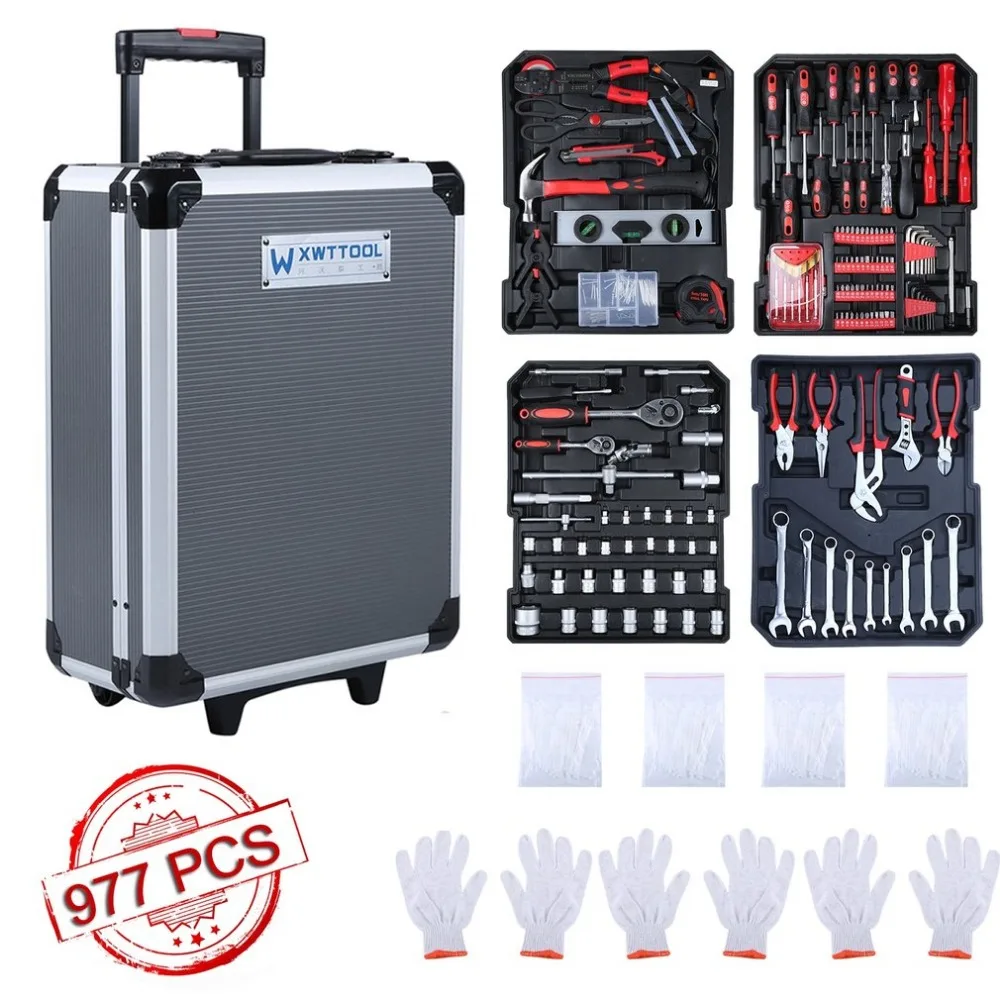

977 Pieces/SET Professional Steel Socket Wrench Repair Tools Set Home Repair Hand Tool Kit With Aluminum Alloy Luggage Box