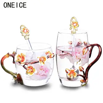 

Peach Blossom Enamel Glass Mug Milk Tumbler Office Coffee Tumbler Breakfast Mugs