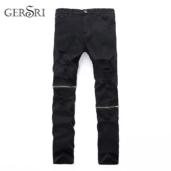 

Gersri Men Retro Washed Men Jeans Slim Straight Casual Ripped Holes Jeans Pants Male Knee Zipper Elasticed Hip Hop Jeans