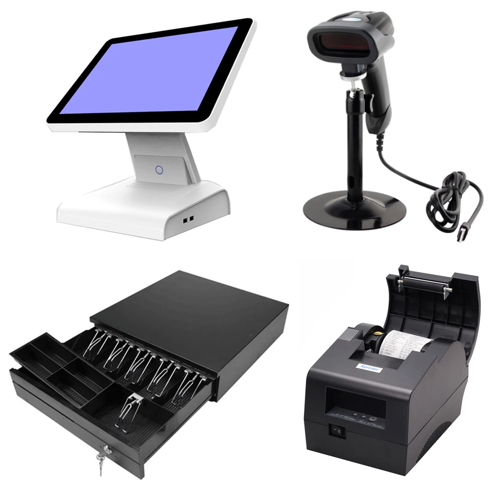 15 بوصة الكل في واحد POS نظام شاشة اللمس POS ماكينة تسجيل المدفوعات النقدية مع طابعة حرارية درج للنقود و الباركود ماسحة