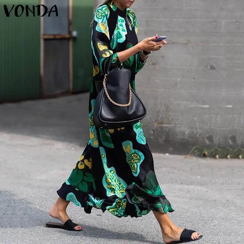 VONDA Summer Dress Women Long Maxi Dress Vintage Floral Printed Long Sleeve Loose Beach Sundress Plus Size Casual Vestidos