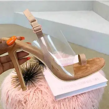 

Women Sandals High Heels PVC Clear Crystal Concise Classic Buckle Strap High Quality Shoes