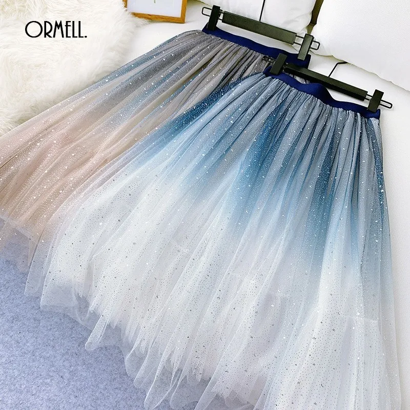 

ORMELL New Glitters Pleated Tulle Skirt Summer Fashion Party Bridesmaid Ladies Skirts 2019 Casual Sweet Graceful Women A-Line