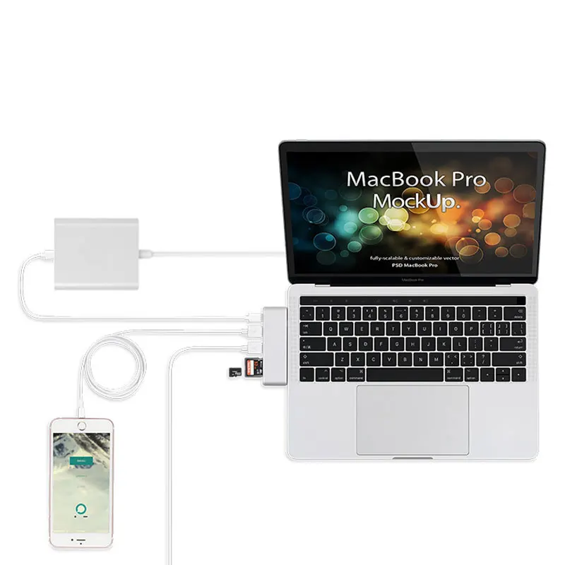 Uosible Thunderbolt 3 адаптер USB 3,1 Тип C концентратор с PD Порты и разъёмы USB 3,0 TF/SD слот кардридера для MacBook Pro/Air Тип-C