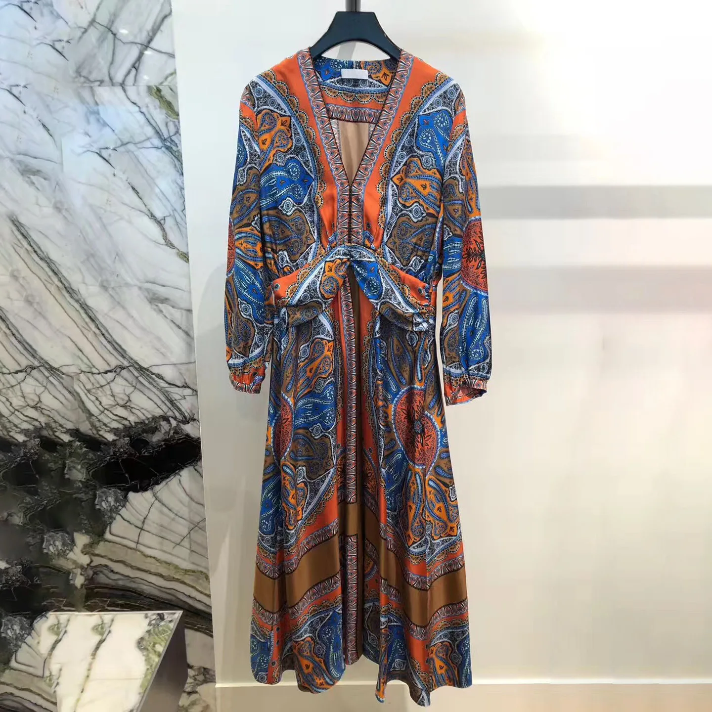 

2019 Spring and Summer New National Wind Stamp V Collar Long Women's Dress Print Mid-Calf A-Line Dresses Women