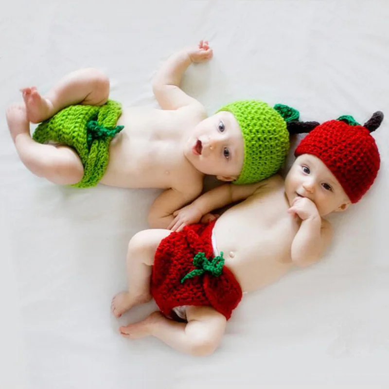 Newborn Modeling Baby Photography Props Boys Girls Crochet Manual Knit Red Green fruit Set Warm Kids Gift Berries Hat Souvenir | Детская