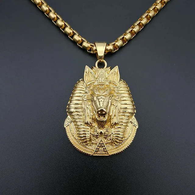 Egyptian Anubis Head Pendant Necklace With 30 Wood Beads - Hip Hop Style Chain, RC2391