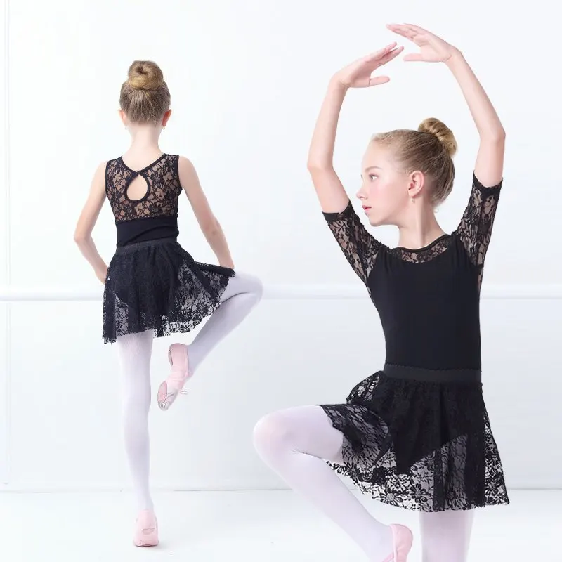 Girls Ballet Dress Gymnastic Leotards Lace Skirted Leotards Long Sleeve