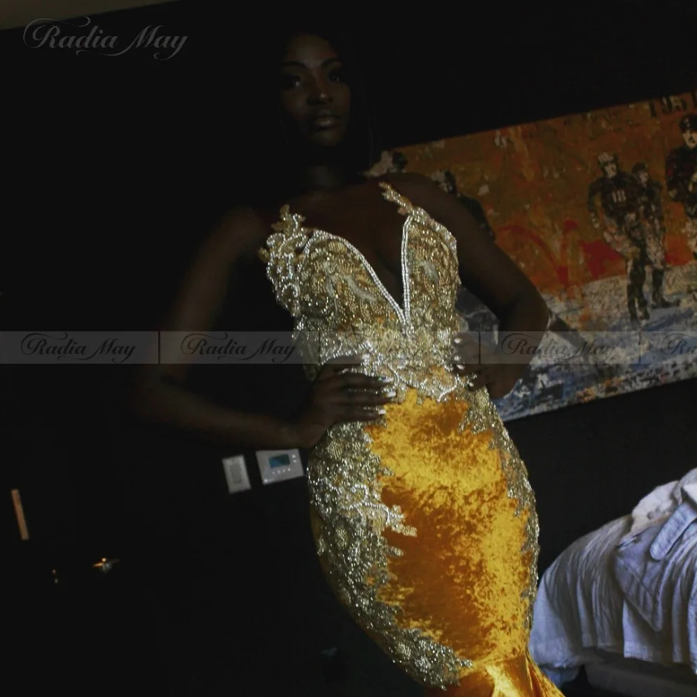 Роскошное блестящее желтое бархатное Африканское платье для выпускного, сексуальное, с v-образным вырезом, длинное, элегантное, большие размеры, черные платья для торжественных событий