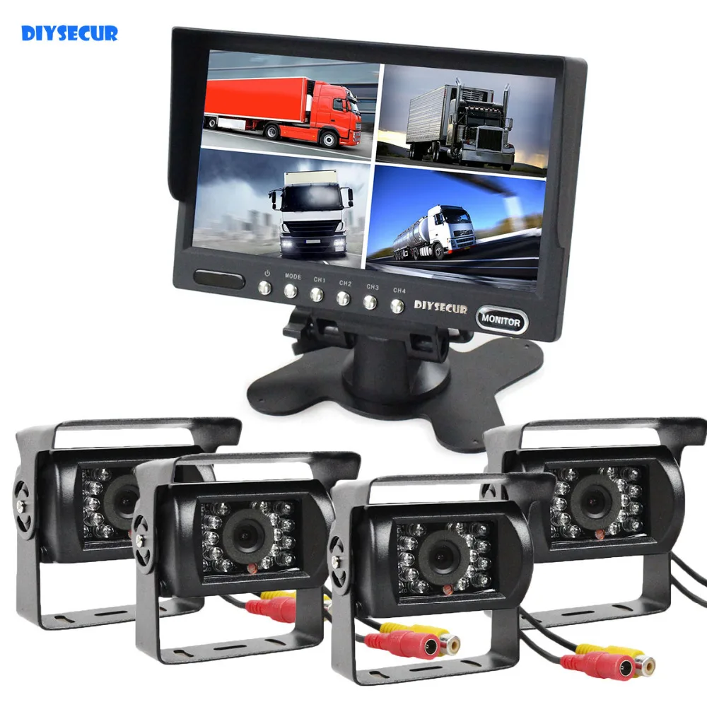 DIYSECUR 7 дюймов 4 разделение QUAD заднего вида монитор для автомобиля + 4 x CCD ИК Ночное Видение камера водостойкий для грузовик автобус