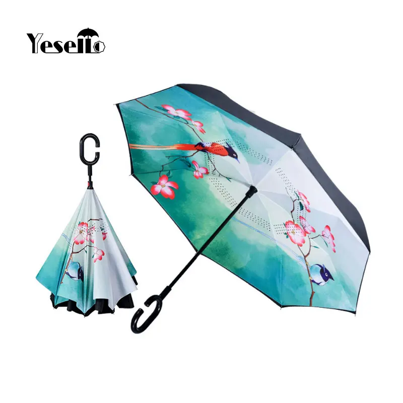 

Yesello Windproof Reverse Umbrella Double Layer Inverted Umbrella Self Stand For Women Rain Gear