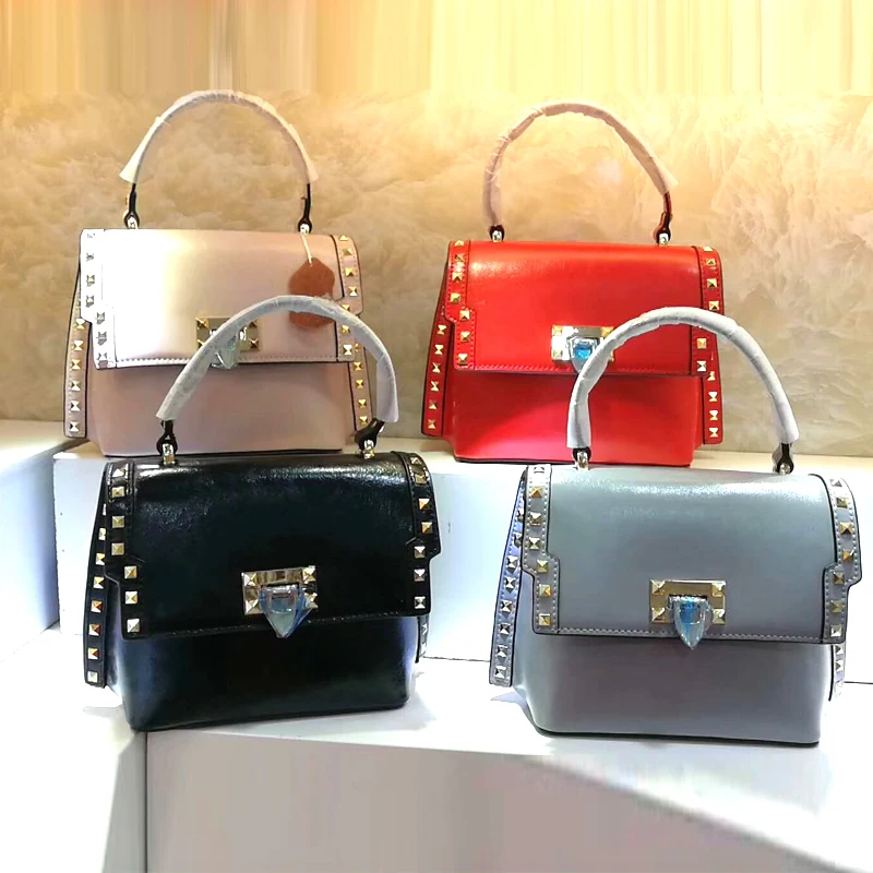 

free shipping the new style 2019 gold rivet genuine cow leather new trend fashion women handbag &one shoulder bag