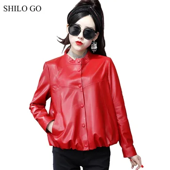 

SHILO GO Leather Jacket Womens Spring Fashion sheepskin genuine leather coat stand collar single breasted Casual loose jacket