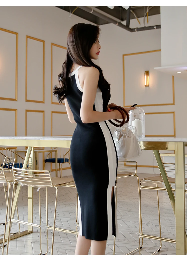 Краткое Стиль вечерние платье Для женщин без рукавов черный Вязание обтягивающее платье Повседневное Vestidos