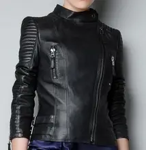 Black stand collar oblique zipper leather short coats slim fit the womens PU jackets fashion long sleeve motorcycle clothing