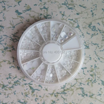 

OD-142 Free Shipping 3D 6 sizes Pure White AB Half-ball Pearl Decoration in wheel Shiny Nail Decoration Lovely 12wheels/lot