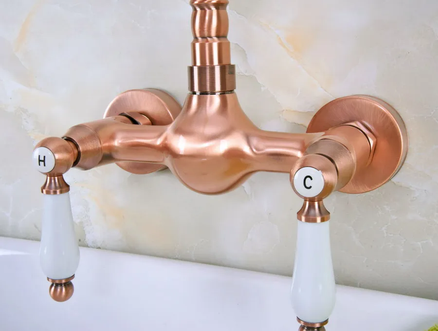 Antique Red Copper Brass Wall Mounted Bathroom Kitchen Sink Faucet Swivel Spout Mixer Tap Dual Ceramics Handles Levers anf949